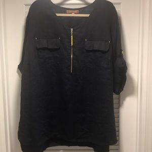 Ellen Tracy Navy Linen Tunic w Gold Accents